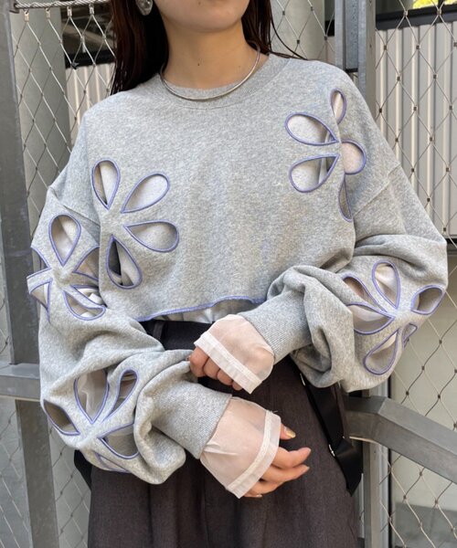 HELLO.SANFRANCISCO（ハローサンフランシスコ）の「【HELLO.SANFRANCISCO】フラワーカットアウトクロップドスウェット（Tシャツ/カットソー・レディース・グリーン/グレー/イエロー/ブラック・ONE SIZE）」の22枚目の写真