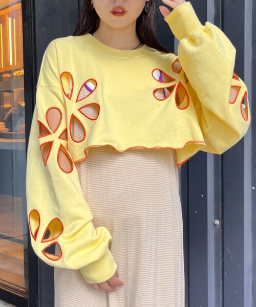 tシャツ 「HELLO.SANFRANCISCO/ハローサンフランシスコ」フラワーカットアウトクロップドスウェット レディース HELLO.SANFRANCISCO tシャツ 「HELLO.SANFRANCISCO」フラワー