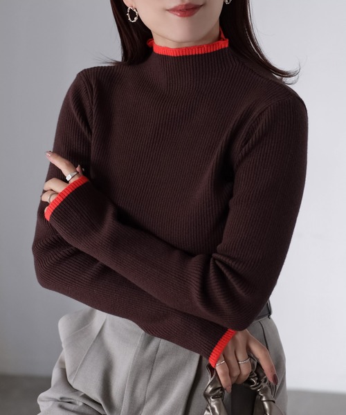 Riberry（リベリー）の「バイカラー配色リブニット（ニット/セーター・レディース・ネイビー系/ブラウン系/グレー系/ブラック×ピンク・FREE）」の3枚目の写真