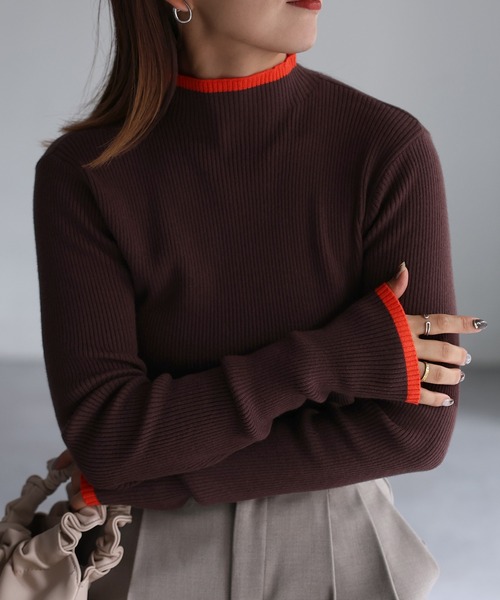 Riberry（リベリー）の「バイカラー配色リブニット（ニット/セーター・レディース・ネイビー系/ブラウン系/グレー系/ブラック×ピンク・FREE）」の5枚目の写真