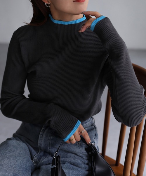 Riberry（リベリー）の「バイカラー配色リブニット（ニット/セーター・レディース・ネイビー系/ブラウン系/グレー系/ブラック×ピンク・FREE）」の10枚目の写真