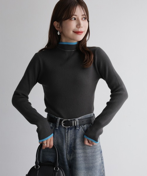 Riberry（リベリー）の「バイカラー配色リブニット（ニット/セーター・レディース・ネイビー系/ブラウン系/グレー系/ブラック×ピンク/ネイビー系1/ブラウン系1/ブラック×レッド/ライトグレー系・FREE）」の20枚目の写真