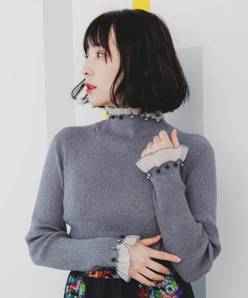 ScoLar（スカラー）の「143645：マルチパールリブ編みニットロングスリーブTシャツ（Tシャツ/カットソー・レディース・オフホワイト/グリーン/杢グレー/ブラック・M）」の3枚目の写真