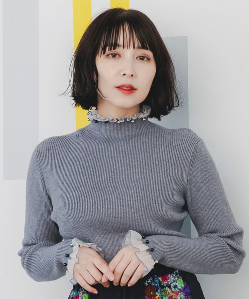 ScoLar（スカラー）の「143645：マルチパールリブ編みニットロングスリーブTシャツ（Tシャツ/カットソー・レディース・オフホワイト/グリーン/杢グレー/ブラック・M）」の6枚目の写真