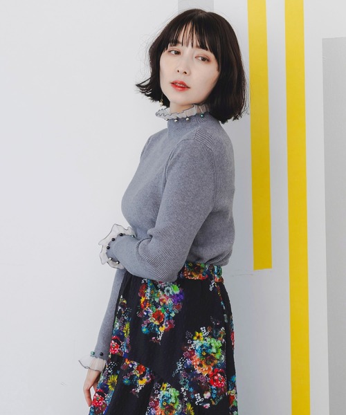 ScoLar（スカラー）の「143645：マルチパールリブ編みニットロングスリーブTシャツ（Tシャツ/カットソー・レディース・オフホワイト/グリーン/杢グレー/ブラック・M）」の7枚目の写真