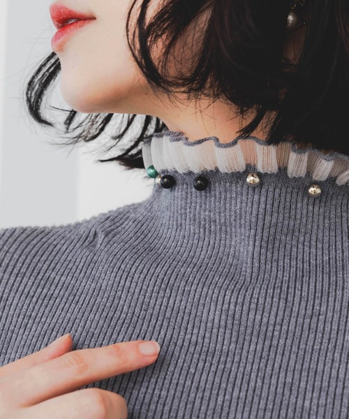 ScoLar（スカラー）の「143645：マルチパールリブ編みニットロングスリーブTシャツ（Tシャツ/カットソー・レディース・オフホワイト/グリーン/杢グレー/ブラック・M）」の9枚目の写真