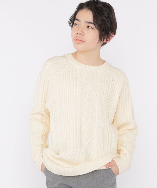 SHIPS（シップス）の「SHIPS KIDS:140～160cm /〈洗濯機可能〉ケーブル ニット（ニット/セーター・キッズ・オフホワイト/オリーブ・140/150/160）」の3枚目の写真