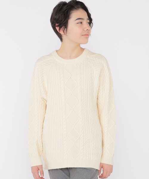 SHIPS（シップス）の「SHIPS KIDS:140～160cm /〈洗濯機可能〉ケーブル ニット（ニット/セーター・キッズ・オフホワイト/オリーブ・140/150/160）」の4枚目の写真
