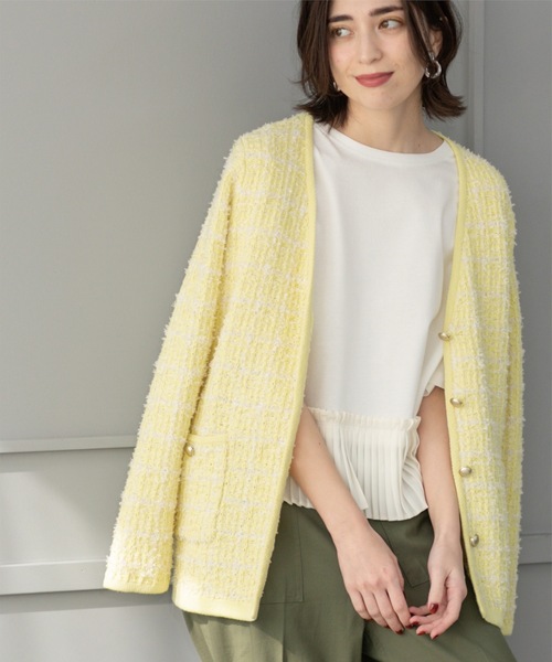OPAQUE.CLIP(オペークドットクリップ)の「ツイードライクVニットカーディガン【洗濯機洗い可】(カーディガン/ボレロ・レディース・ホワイト系6/イエロー系その他5/ネイビー系3・38/40/36/42)」の12枚目の写真