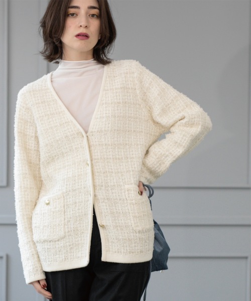 OPAQUE.CLIP(オペークドットクリップ)の「ツイードライクVニットカーディガン【洗濯機洗い可】(カーディガン/ボレロ・レディース・ホワイト系6/イエロー系その他5/ネイビー系3・38/40/36/42)」の18枚目の写真