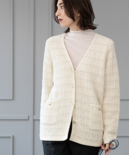 OPAQUE.CLIP(オペークドットクリップ)の「ツイードライクVニットカーディガン【洗濯機洗い可】(カーディガン/ボレロ・レディース・ホワイト系6/イエロー系その他5/ネイビー系3・38/40/36/42)」の21枚目の写真