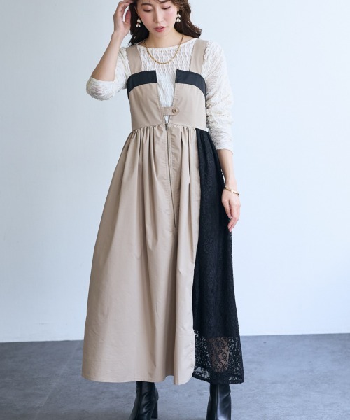 SMILE LAND（スマイルランド）の「＜大きいサイズ＞サイドレースジャンパースカート【OtonaSMILE】（ジャンパースカート・レディース・ベージュ/ブラック・5L/4L/LL/3L/L）」の2枚目の写真