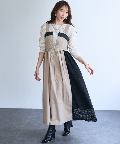 SMILE LAND（スマイルランド）の「＜大きいサイズ＞サイドレースジャンパースカート【OtonaSMILE】（ジャンパースカート・レディース・ベージュ/ブラック・5L/4L/LL/3L/L）」の5枚目の写真