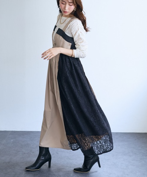 SMILE LAND（スマイルランド）の「＜大きいサイズ＞サイドレースジャンパースカート【OtonaSMILE】（ジャンパースカート・レディース・ベージュ/ブラック・5L/4L/LL/3L/L）」の3枚目の写真