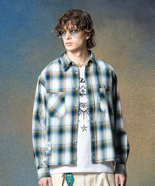 glamb(グラム)の「Short Check Shirt / ショートチェックシャツ(シャツ/ブラウス・メンズ・ブルー/レッド/オレンジ・S/M/L)」の1枚目の写真