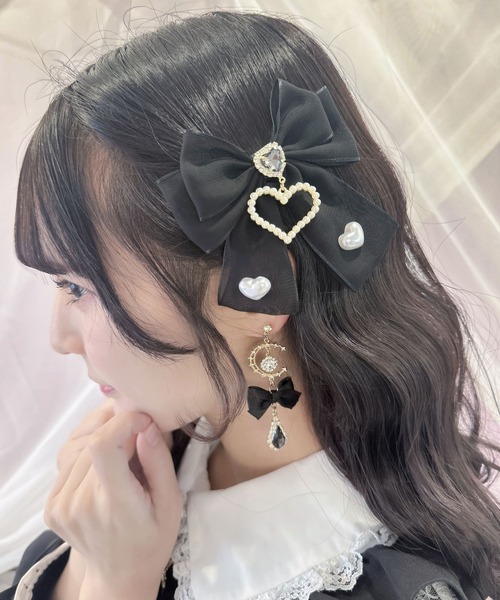 パールハート付きシフォンリボンクリップSET（バレッタ/ヘア