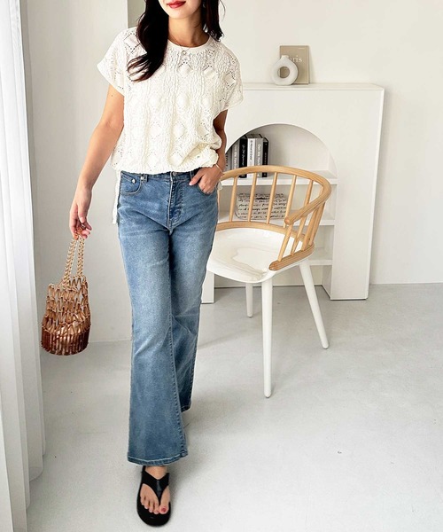 GeeRA（ジーラ）の「【夏にぴったり。】涼しげ！総レースフレンチスリーブチュニックTシャツ（Tシャツ/カットソー・レディース・オフホワイト/ブラック・LARGE/X-LARGE/MEDIUM）」の3枚目の写真