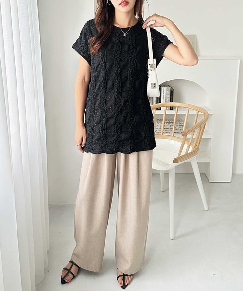 GeeRA（ジーラ）の「【夏にぴったり。】涼しげ！総レースフレンチスリーブチュニックTシャツ（Tシャツ/カットソー・レディース・オフホワイト/ブラック・LARGE/X-LARGE/MEDIUM）」の4枚目の写真