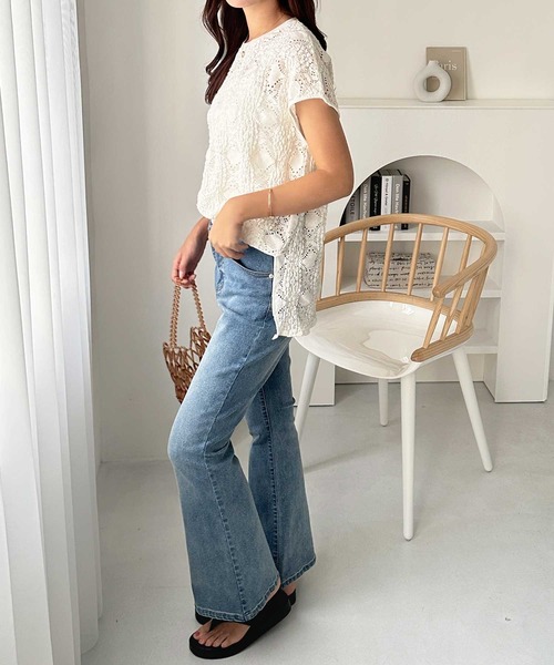 GeeRA（ジーラ）の「【夏にぴったり。】涼しげ！総レースフレンチスリーブチュニックTシャツ（Tシャツ/カットソー・レディース・オフホワイト/ブラック・LARGE/X-LARGE/MEDIUM）」の6枚目の写真