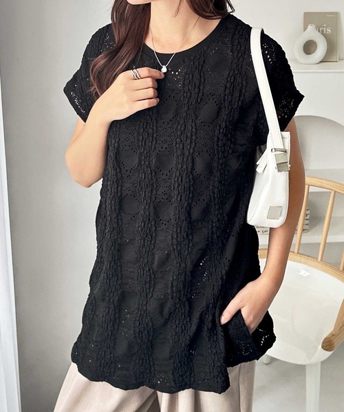 GeeRA（ジーラ）の「【夏にぴったり。】涼しげ！総レースフレンチスリーブチュニックTシャツ（Tシャツ/カットソー・レディース・オフホワイト/ブラック・LARGE/X-LARGE/MEDIUM）」の10枚目の写真