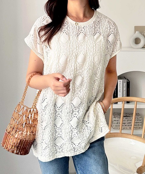 GeeRA（ジーラ）の「【夏にぴったり。】涼しげ！総レースフレンチスリーブチュニックTシャツ（Tシャツ/カットソー・レディース・オフホワイト/ブラック・LARGE/X-LARGE/MEDIUM）」の17枚目の写真