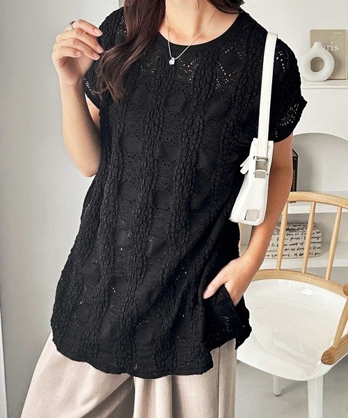 GeeRA（ジーラ）の「【夏にぴったり。】涼しげ！総レースフレンチスリーブチュニックTシャツ（Tシャツ/カットソー・レディース・オフホワイト/ブラック・LARGE/X-LARGE/MEDIUM）」の21枚目の写真