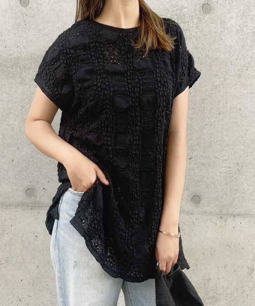 GeeRA（ジーラ）の「【夏にぴったり。】涼しげ！総レースフレンチスリーブチュニックTシャツ（Tシャツ/カットソー・レディース・オフホワイト/ブラック・LARGE/X-LARGE/MEDIUM）」の20枚目の写真