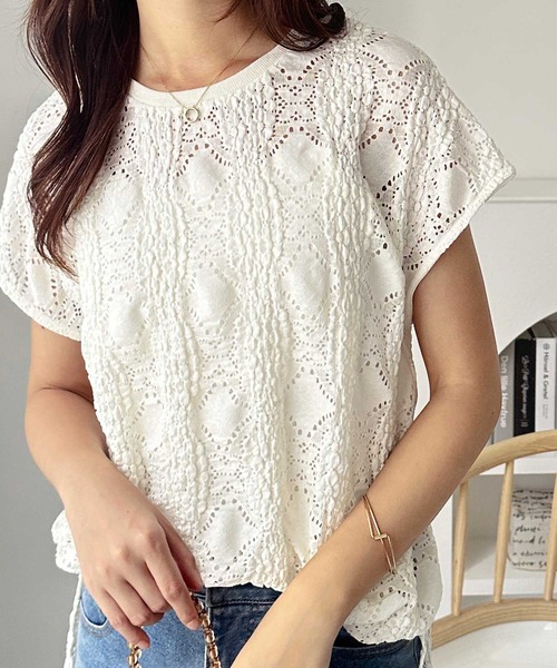 GeeRA（ジーラ）の「【夏にぴったり。】涼しげ！総レースフレンチスリーブチュニックTシャツ（Tシャツ/カットソー・レディース・オフホワイト/ブラック・LARGE/X-LARGE/MEDIUM）」の18枚目の写真