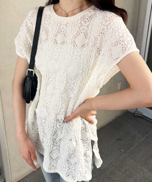GeeRA（ジーラ）の「【夏にぴったり。】涼しげ！総レースフレンチスリーブチュニックTシャツ（Tシャツ/カットソー・レディース・オフホワイト/ブラック・LARGE/X-LARGE/MEDIUM）」の15枚目の写真