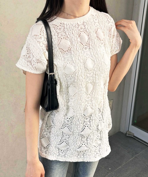 GeeRA（ジーラ）の「【夏にぴったり。】涼しげ！総レースフレンチスリーブチュニックTシャツ（Tシャツ/カットソー・レディース・オフホワイト/ブラック・LARGE/X-LARGE/MEDIUM）」の13枚目の写真