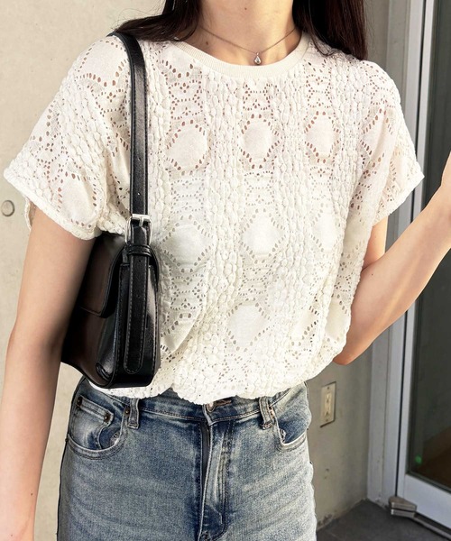 GeeRA（ジーラ）の「【夏にぴったり。】涼しげ！総レースフレンチスリーブチュニックTシャツ（Tシャツ/カットソー・レディース・オフホワイト/ブラック・LARGE/X-LARGE/MEDIUM）」の12枚目の写真