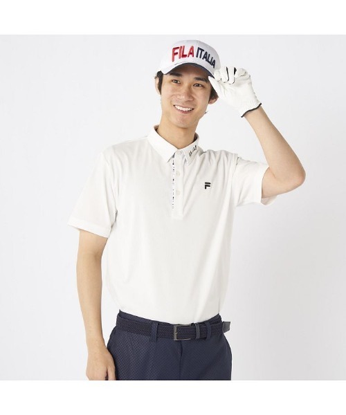 FILA GOLF(フィラゴルフ )の「FILA GOLF/フィラ ゴルフ ゴルフウェア ジャガード モックネック 半袖 シャツ ポロシャツ(ポロシャツ・メンズ・ブルー/ブラック/ホワイト・L/LL/M)」の1枚目の写真