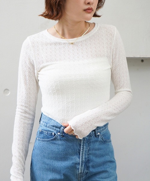 qualite scape（カリテ スケープ）の「ジャカードニットメロウトップス（Tシャツ/カットソー・レディース・ホワイト/チャコールグレー/ピンク・フリー）」の2枚目の写真