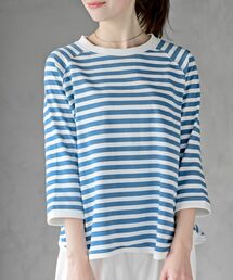 リブ切替7分袖ボーダーTシャツ