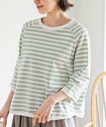 リブ切替7分袖ボーダーTシャツ
