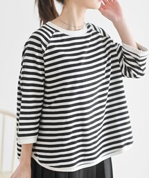 リブ切替7分袖ボーダーTシャツ