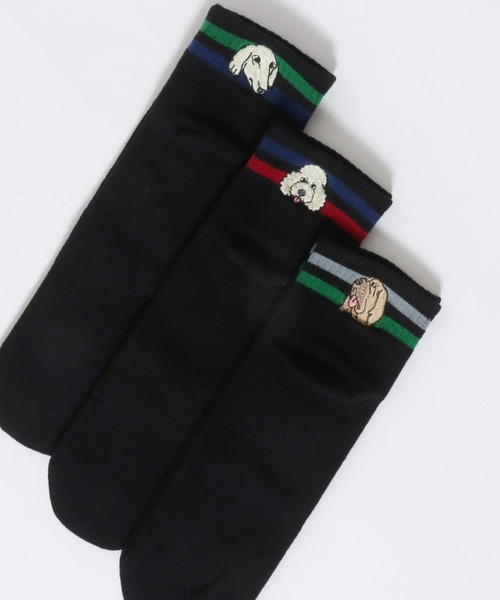 AIMÉ LEON DORE 刺繍ワンポイント ラインソックス 3足セット セール】Animal Embroidery 3Pack Set Socks/猫＆犬 アニマル