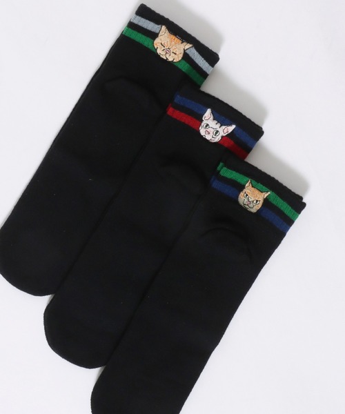 Animal Embroidery 3Pack Set Socks/猫＆犬 アニマル ワンポイント刺繍
