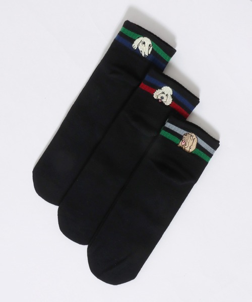 ワンコ様3 Animal Embroidery 3Pack Set Socks/猫＆犬 アニマル ワン