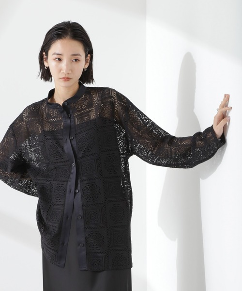 【LUNA MATTINO】長袖レースシャツ サイズ46 セール】バンドカラーレースシャツ(セットアップ可)（シャツ/ブラウス