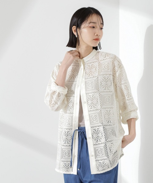 NANO universe（ナノユニバース）の「バンドカラーレースシャツ(セットアップ可)（シャツ/ブラウス・レディース・ブラック/アイボリー/ブラウン・FREE）」の12枚目の写真