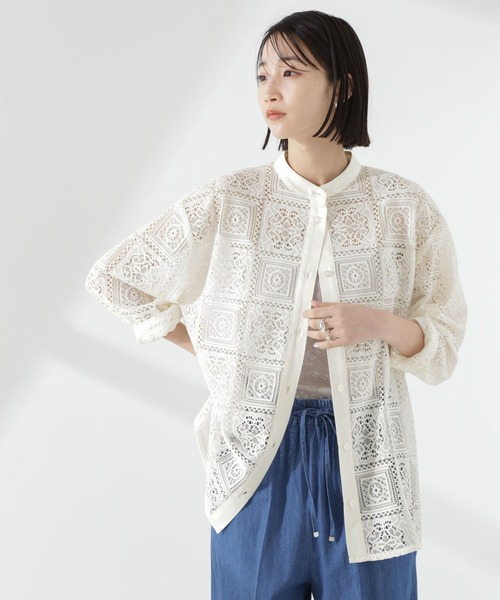 NANO universe（ナノユニバース）の「バンドカラーレースシャツ(セットアップ可)（シャツ/ブラウス・レディース・ブラック/アイボリー/ブラウン・FREE）」の15枚目の写真