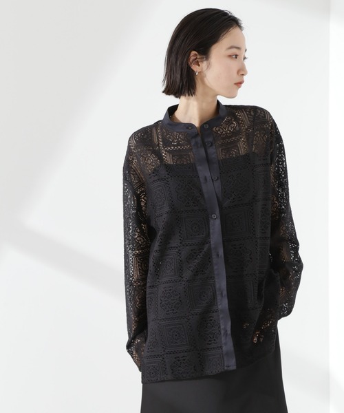 NANO universe（ナノユニバース）の「バンドカラーレースシャツ(セットアップ可)（シャツ/ブラウス・レディース・ブラック/アイボリー/ブラウン・FREE）」の20枚目の写真