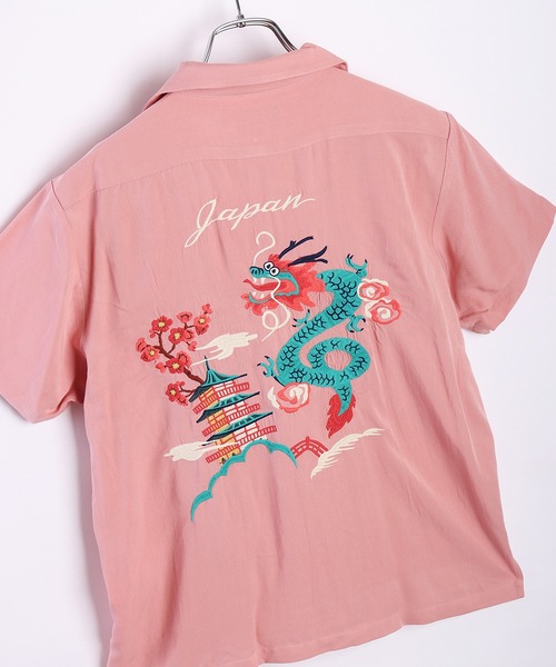 美品 ヒューストン レーヨン100% ドラゴン 刺繍 オープンカラーシャツ M セール】HOUSTON 和柄刺繍 半袖 スーベニアシャツ 龍 (ドラゴン