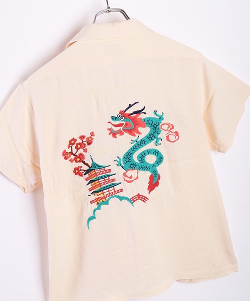 HOUSTON（ヒューストン）の「HOUSTON 和柄刺繍 半袖 スーベニアシャツ (ドラゴン・ベトナム猫・JAPAN) レディース（シャツ/ブラウス・レディース・アイボリー/ブルー/ピンク/ライトイエロー/ピンク系その他/グリーン系その他/レッド/ミント/ネイビー・0/1）」の12枚目の写真