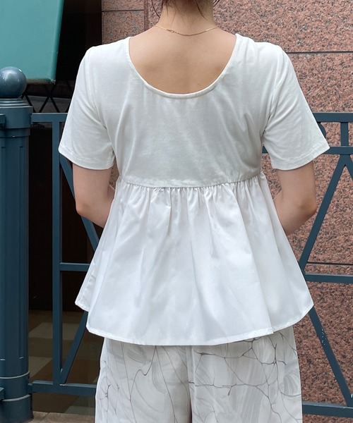 薄手バックオープンコットンペプラムドッキングカットソー（T
