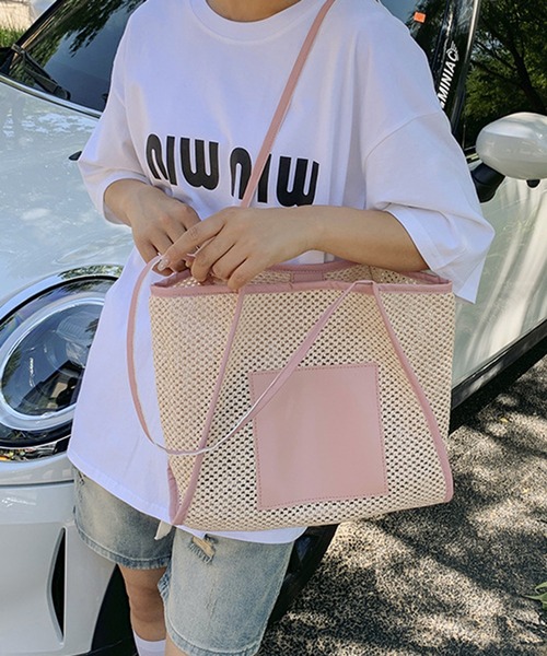STYLEBLOCK（スタイルブロック）の「メッシュ×PUレザートートバッグ（トートバッグ・レディース・カーキ/ピンク/ブラウン/ホワイト・FREE）」の4枚目の写真