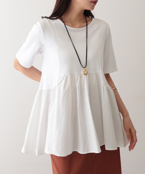 Lace Ladies（レースレディース）の「コットン クルーネック 半袖 ペプラム トップス（Tシャツ/カットソー・レディース・ブラック/グリーン/ホワイト/チャコールグレー・FREE/S）」の7枚目の写真