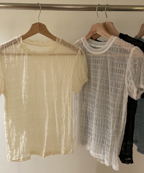 Per sist ence(パーシエンス)の「シアーシャーリング半袖トップス(Tシャツ/カットソー・レディース・ブラック/ホワイト/ブルー/ベージュ・ONE SIZE)」の3枚目の写真