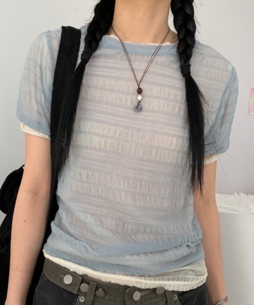 Per sist ence(パーシエンス)の「シアーシャーリング半袖トップス(Tシャツ/カットソー・レディース・ブラック/ホワイト/ブルー/ベージュ・ONE SIZE)」の4枚目の写真